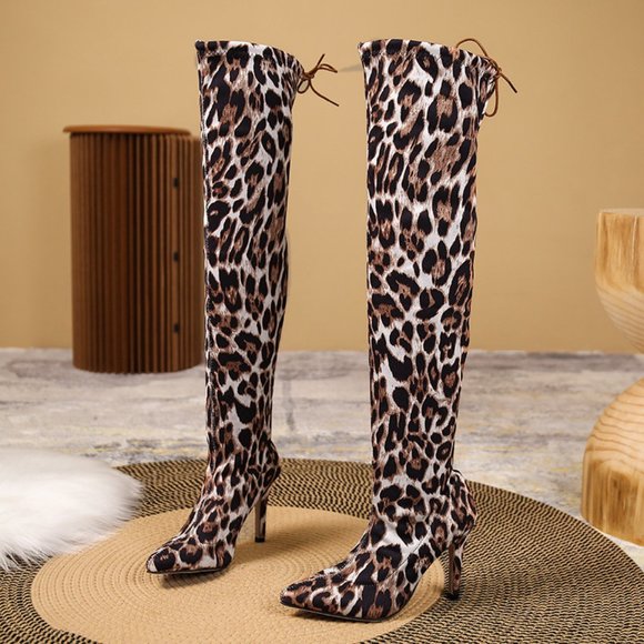 New Leopard Print Pointed Toe Sexy Stiletto Over Knee Stretch Boots - Picture 2 of 7